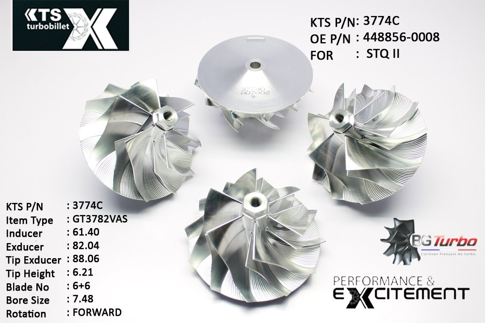 Turbo ROUE FORGÉE MFS PERFORMANCE - 6+6 PALES - INDUCER : 61,4 - EXDUCER : 82,04 - TYPE : GT3782VASANGLE : 50° - ROTATION : Forward - SUPER BACK : 5,4 - BORE SIZE : 7,48
